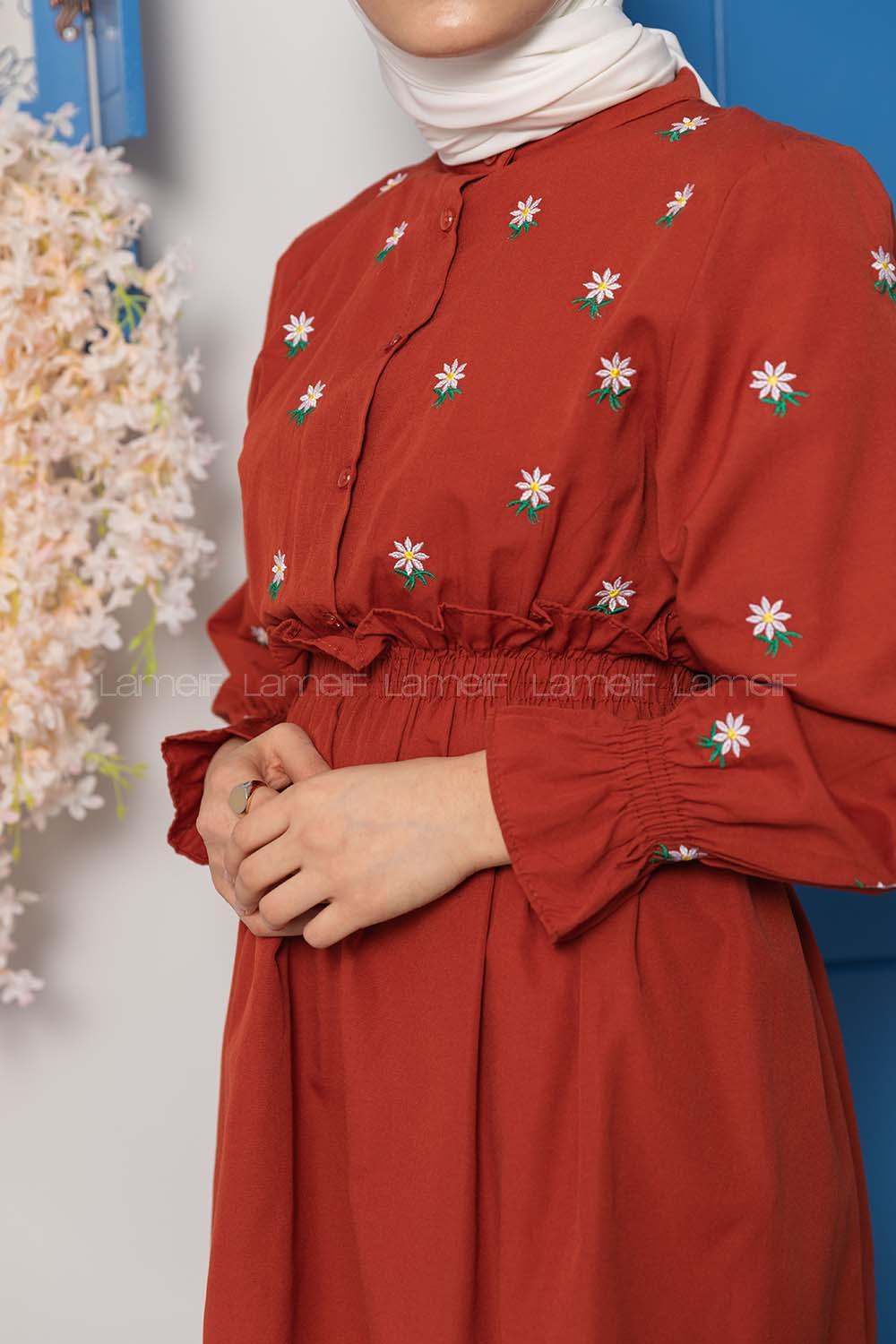 Modalamelif Bel Lastikli Nakışlı Tunik Koyu Kiremit