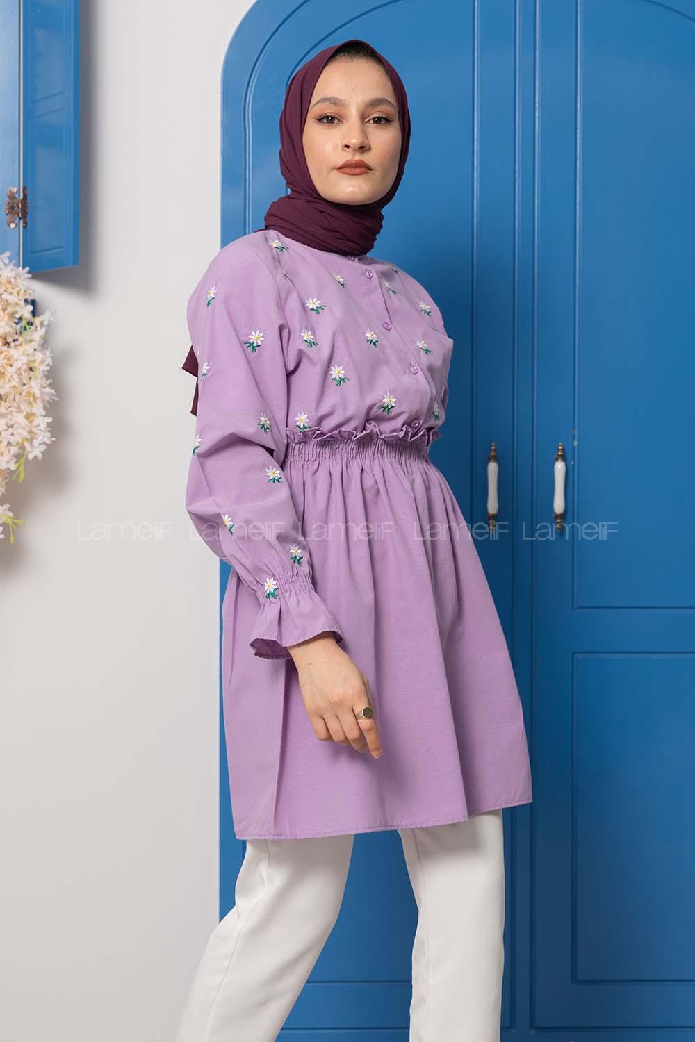 Modalamelif Bel Lastikli Nakışlı Tunik Lila