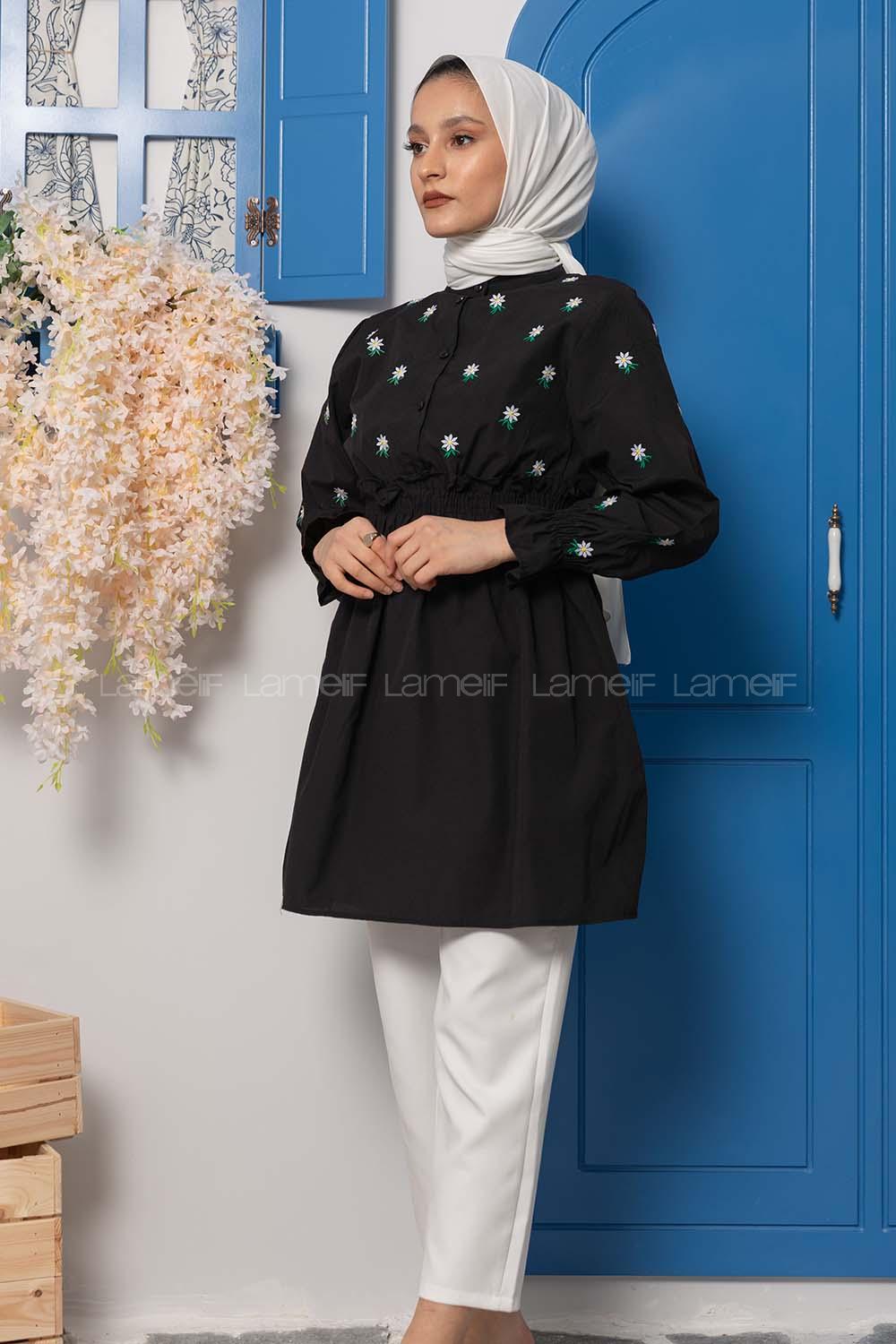 Modalamelif Bel Lastikli Nakışlı Tunik Siyah