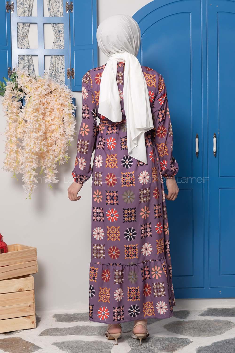 Modalamelif Çiçek Desenli Krep Elbise Mor