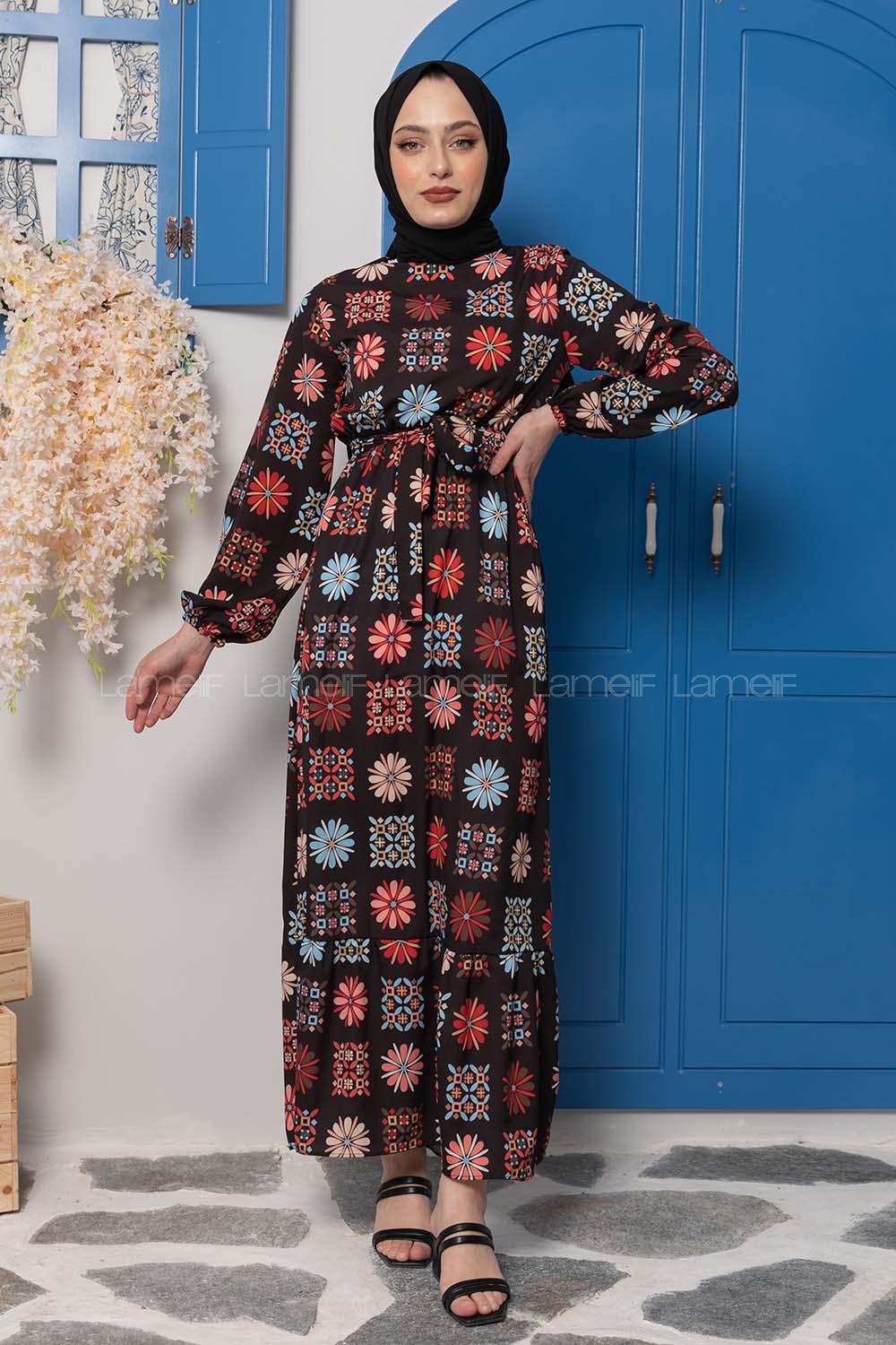 Modalamelif Çiçek Desenli Krep Elbise Siyah