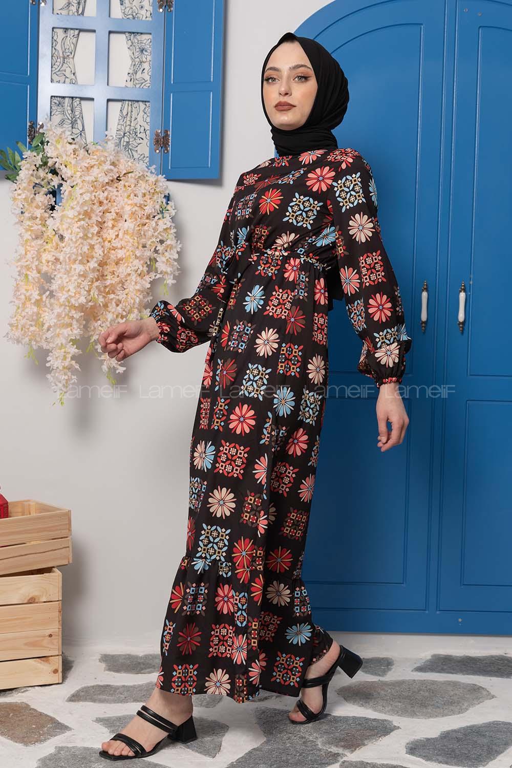 Modalamelif Çiçek Desenli Krep Elbise Siyah