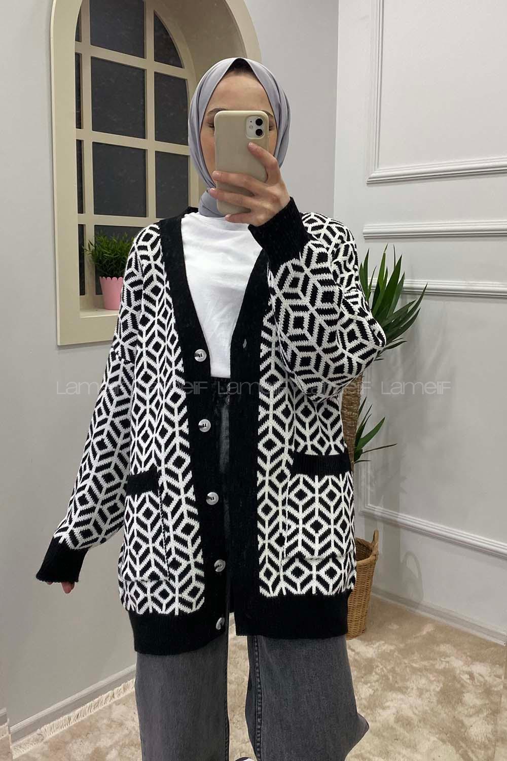 Modalamelif Çift Cepli Desenli Hırka Siyah