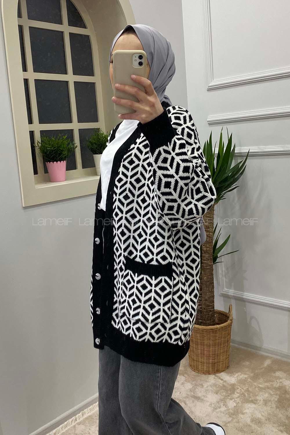 Modalamelif Çift Cepli Desenli Hırka Siyah