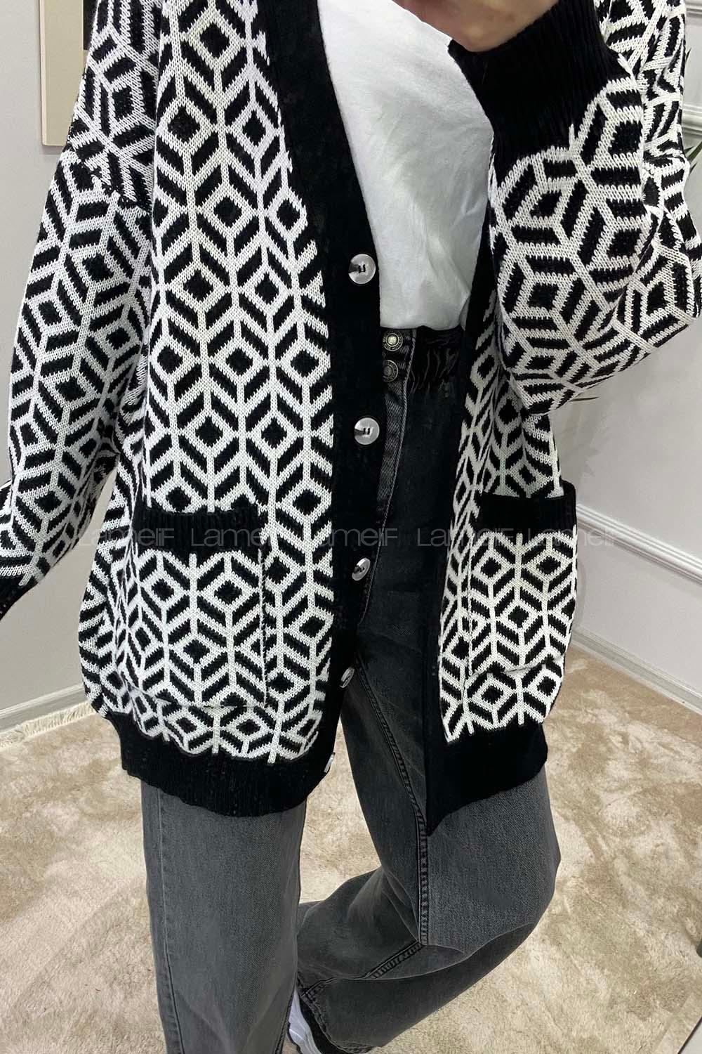 Modalamelif Çift Cepli Desenli Hırka Siyah