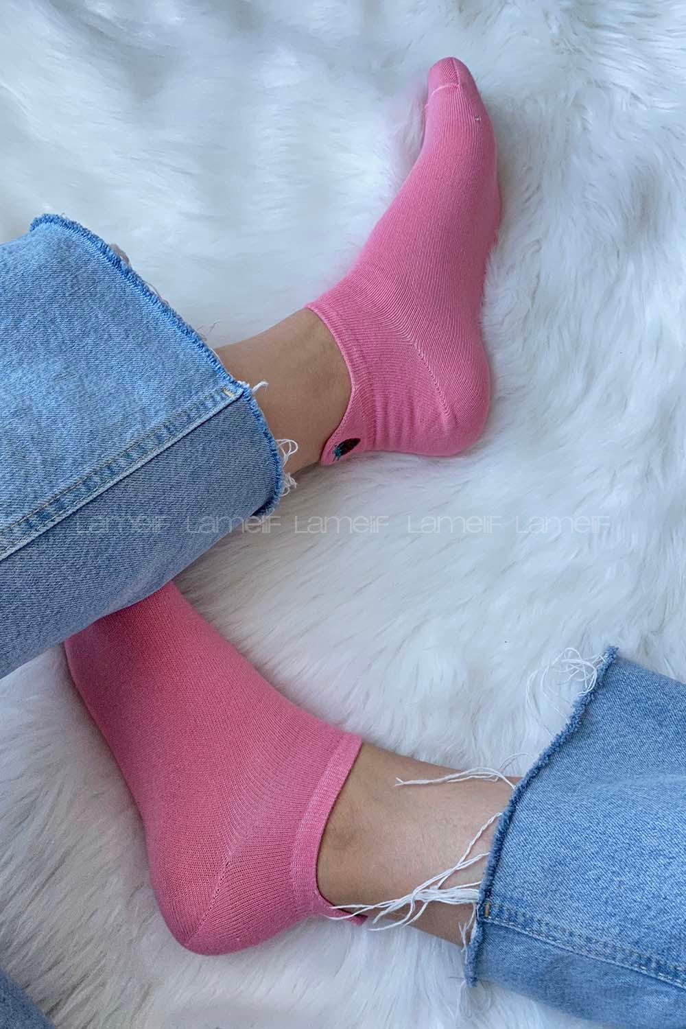 Modalamelif Çilek İşlemeli Patik Çorap Pudra