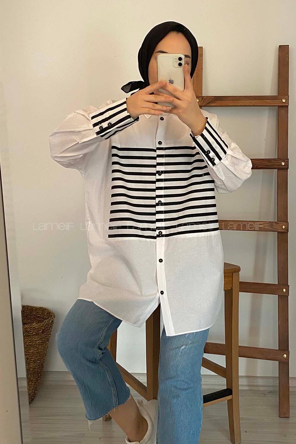 Modalamelif Çizgi Detaylı Gömlek Ekru