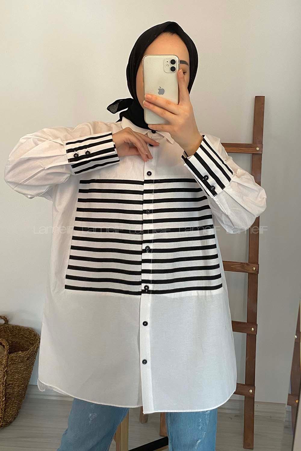 Modalamelif Çizgi Detaylı Gömlek Ekru