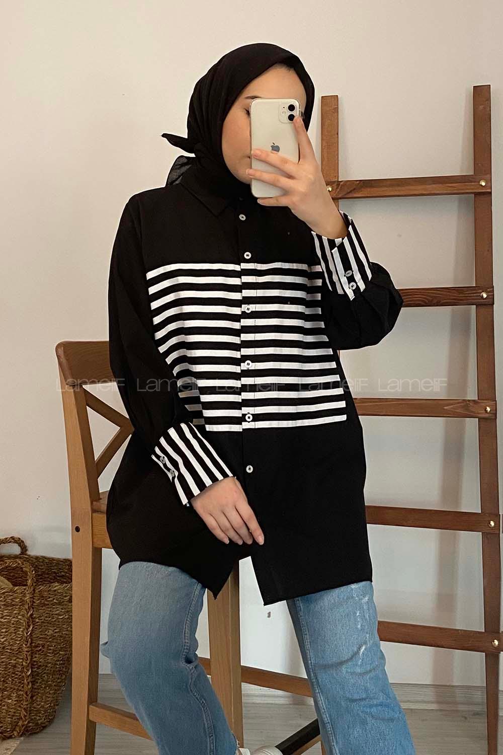 Modalamelif Çizgi Detaylı Gömlek Siyah