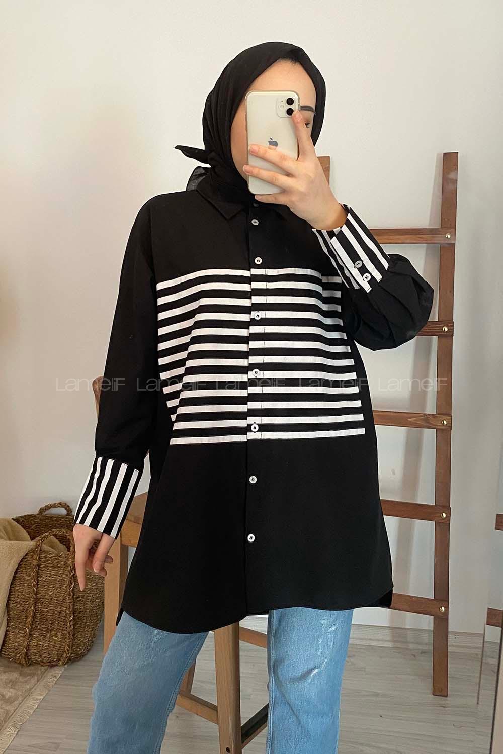 Modalamelif Çizgi Detaylı Gömlek Siyah
