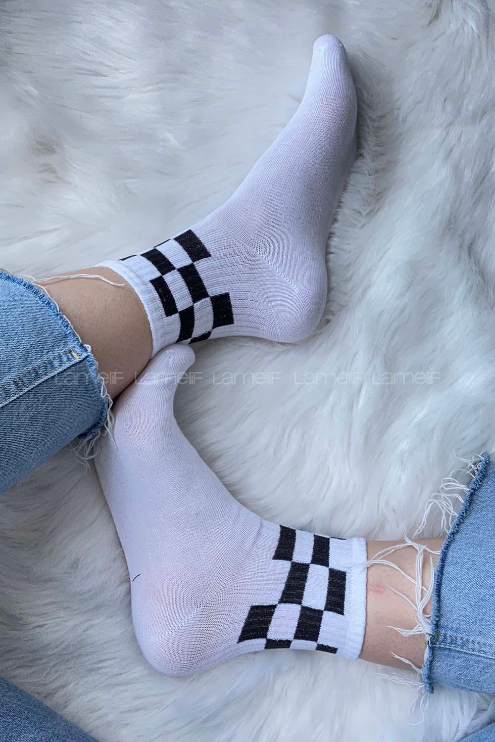 Modalamelif Dama Desen Soket Çorap Beyaz