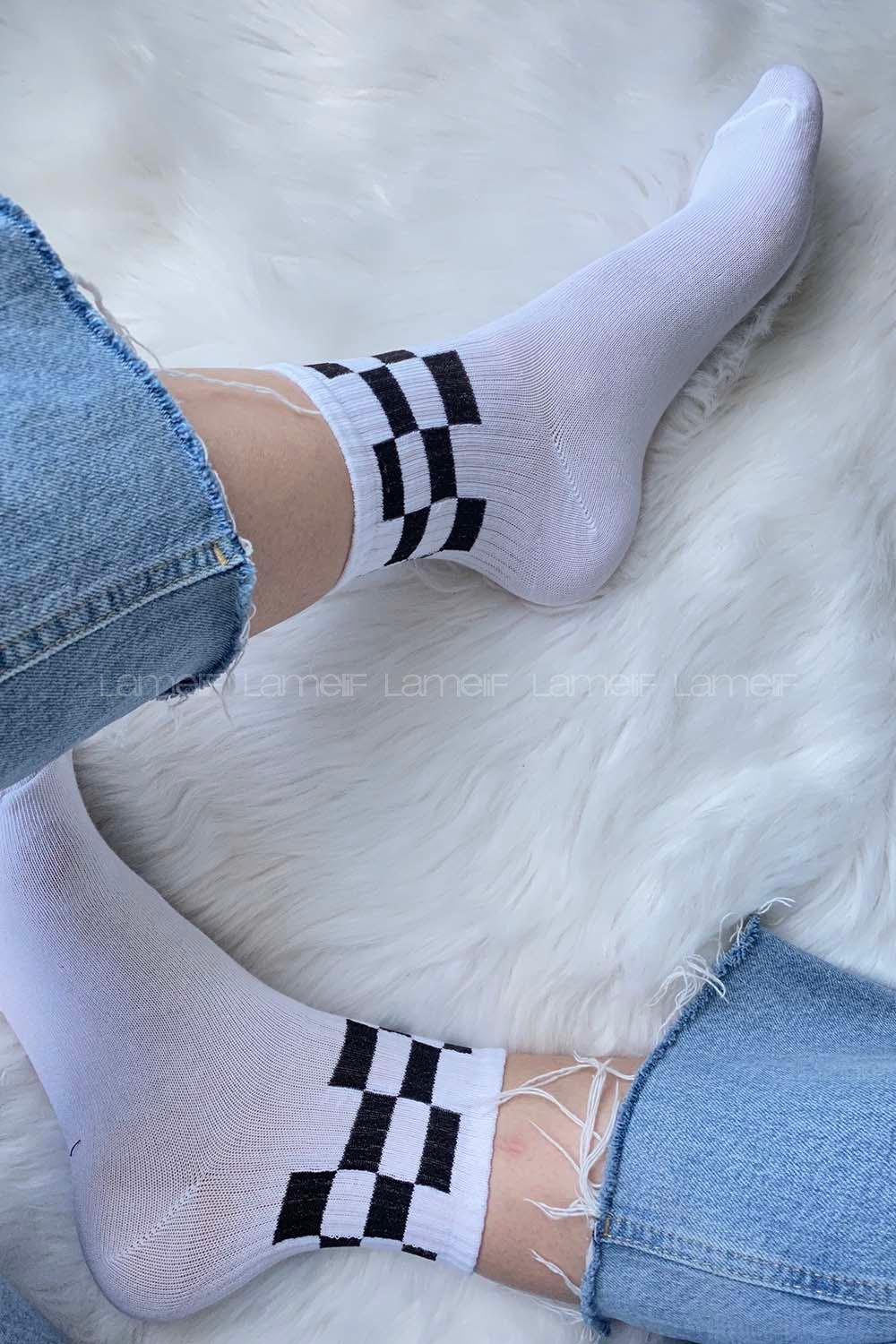 Modalamelif Dama Desen Soket Çorap Beyaz