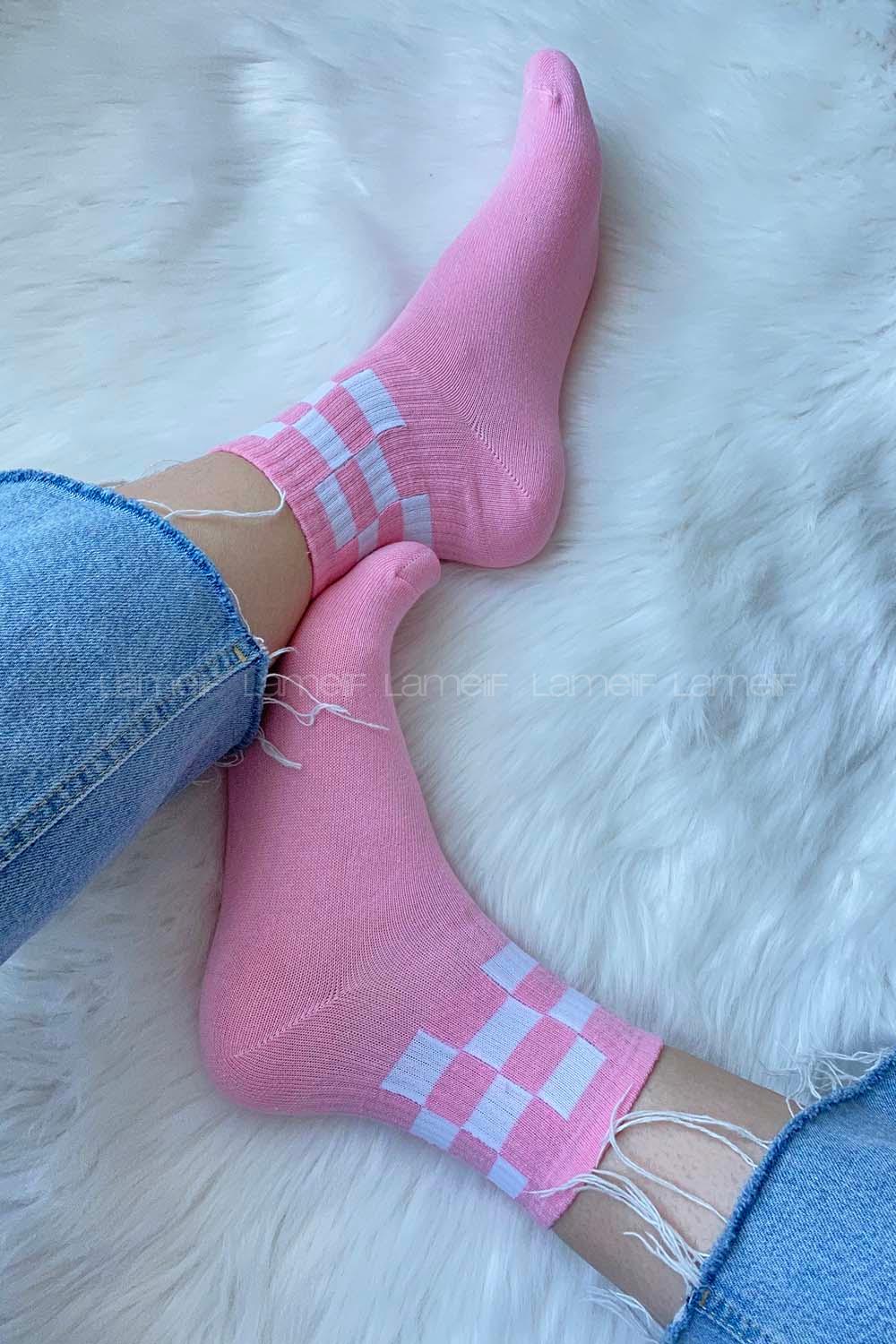 Modalamelif Dama Desen Soket Çorap Pudra