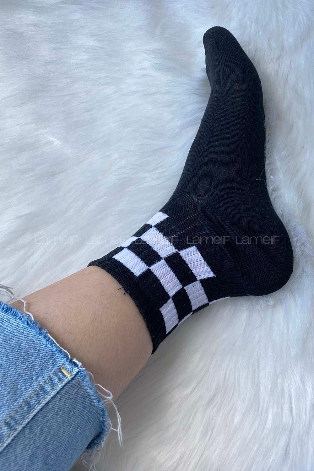 Modalamelif Dama Desen Soket Çorap Siyah