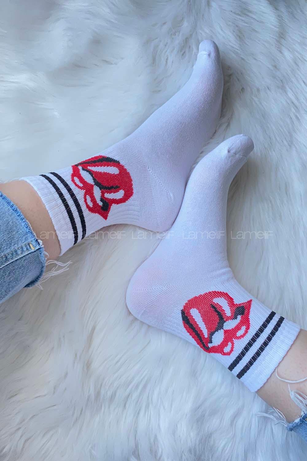 Modalamelif Dudak Emojili Soket Çorap Beyaz