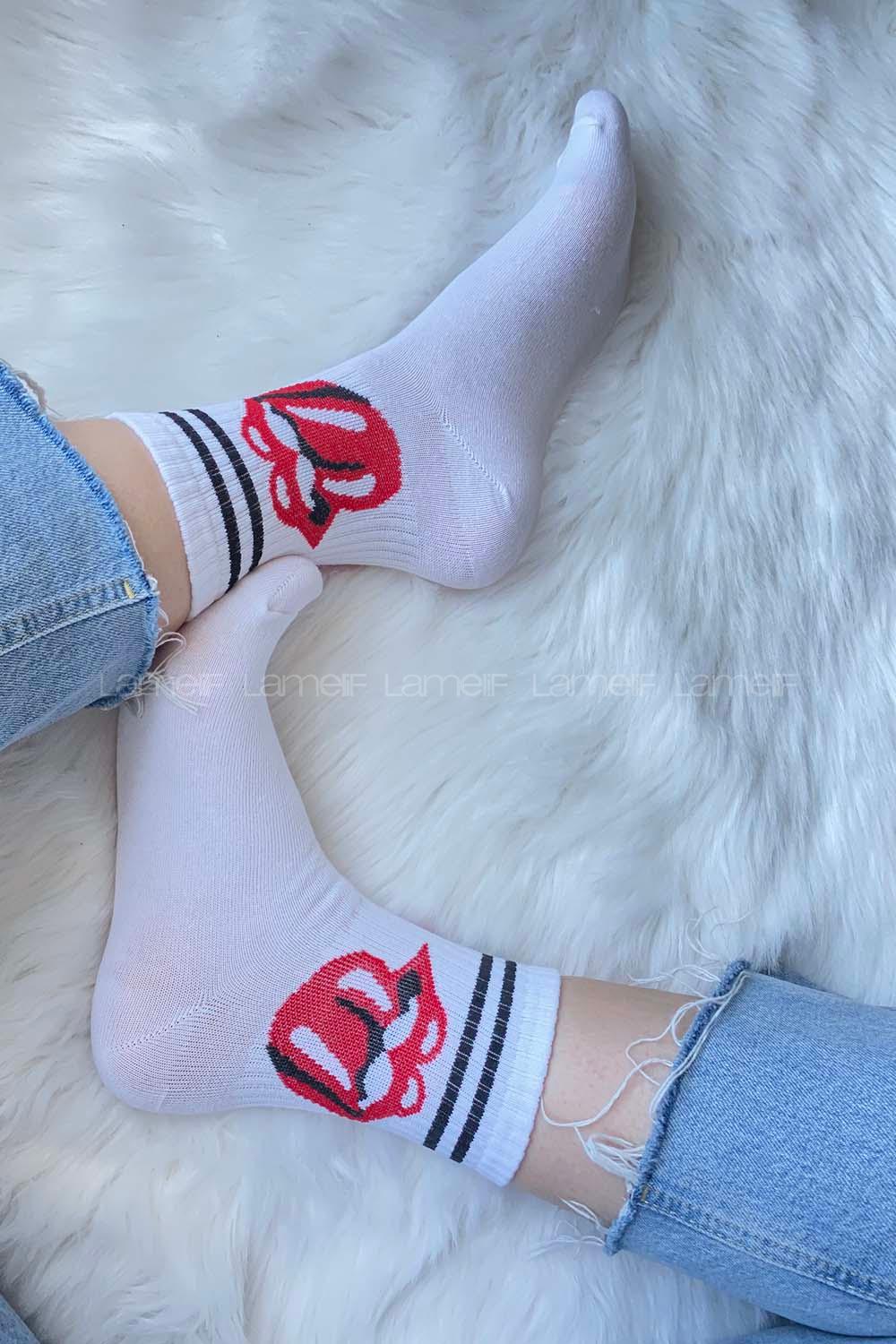 Modalamelif Dudak Emojili Soket Çorap Beyaz