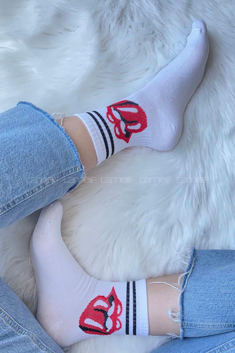 Modalamelif Dudak Emojili Soket Çorap Beyaz