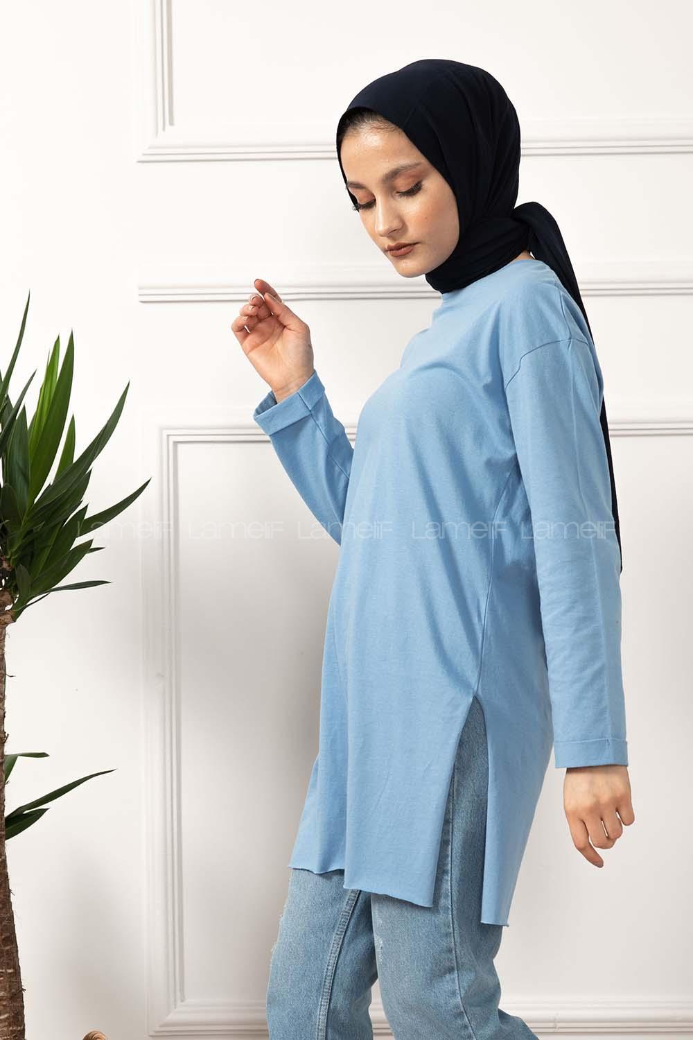 Modalamelif Düz Renk Yırtmaçlı Sweatshirt Açık Mavi