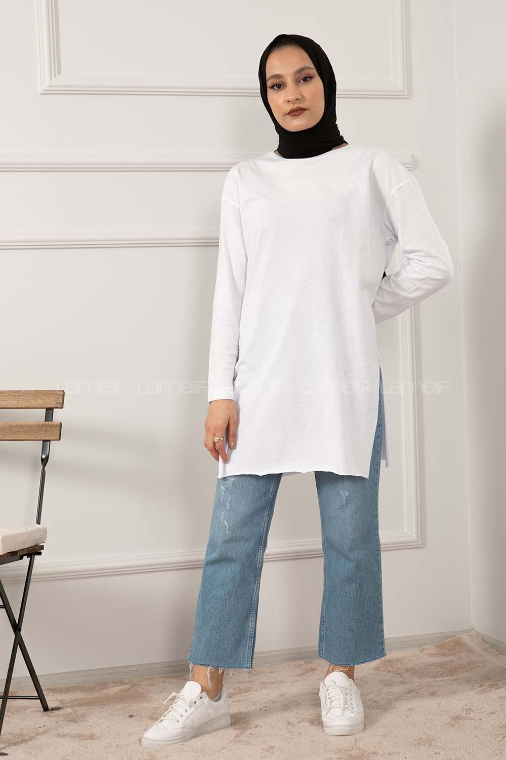 Modalamelif Düz Renk Yırtmaçlı Sweatshirt Beyaz