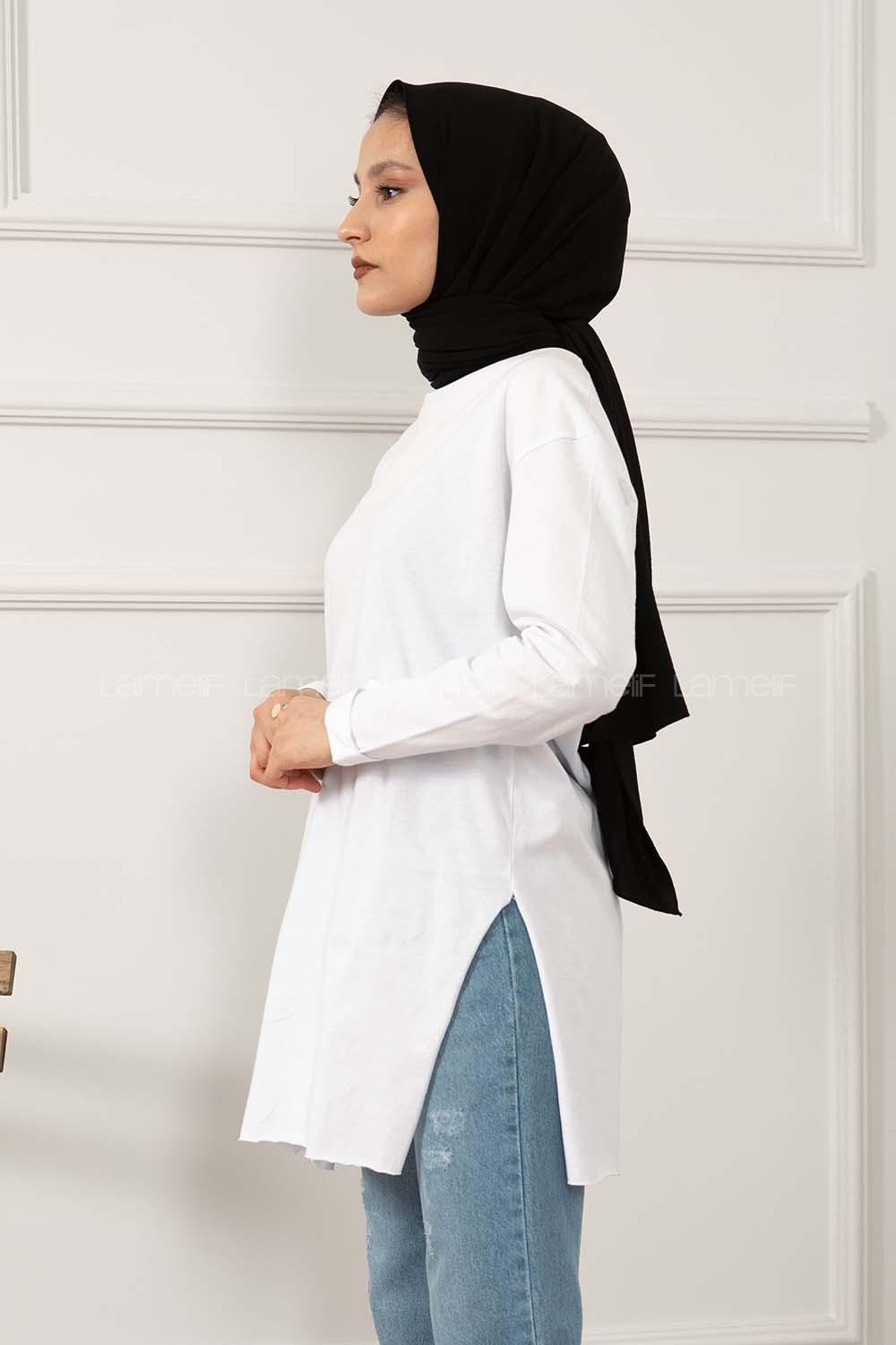 Modalamelif Düz Renk Yırtmaçlı Sweatshirt Beyaz