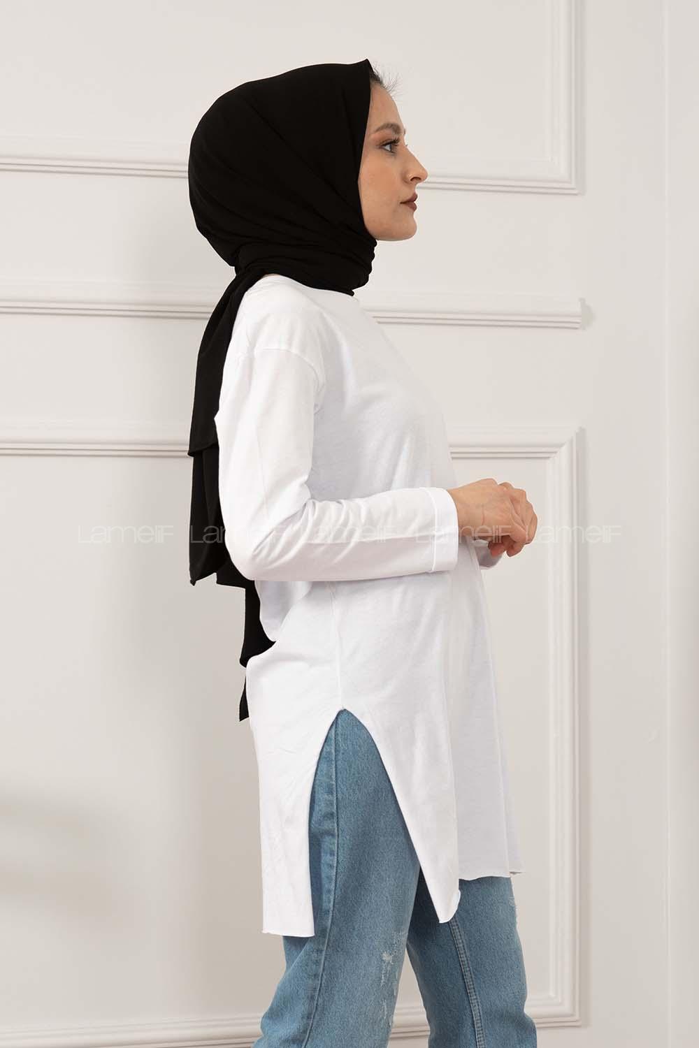 Modalamelif Düz Renk Yırtmaçlı Sweatshirt Beyaz