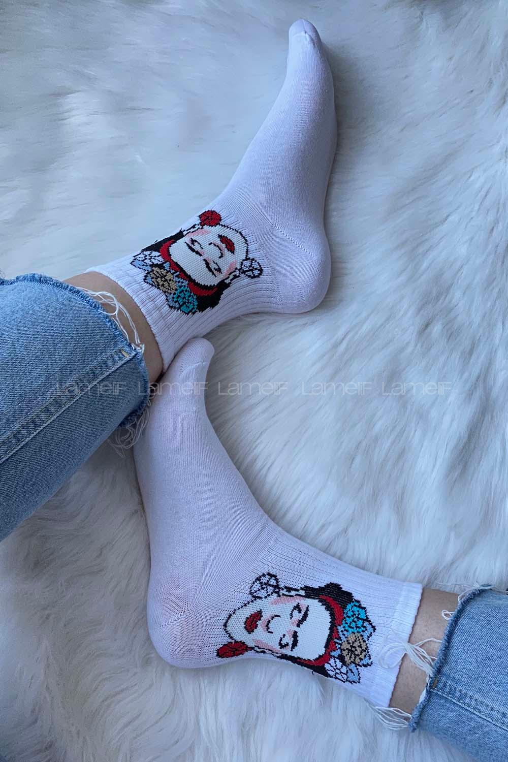 Modalamelif Frida Desen Soket Çorap Beyaz