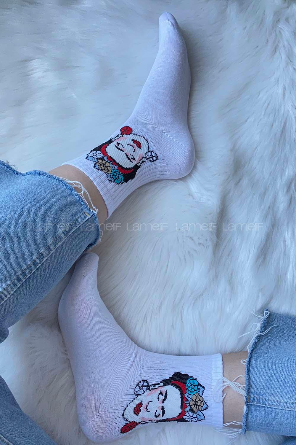 Modalamelif Frida Desen Soket Çorap Beyaz