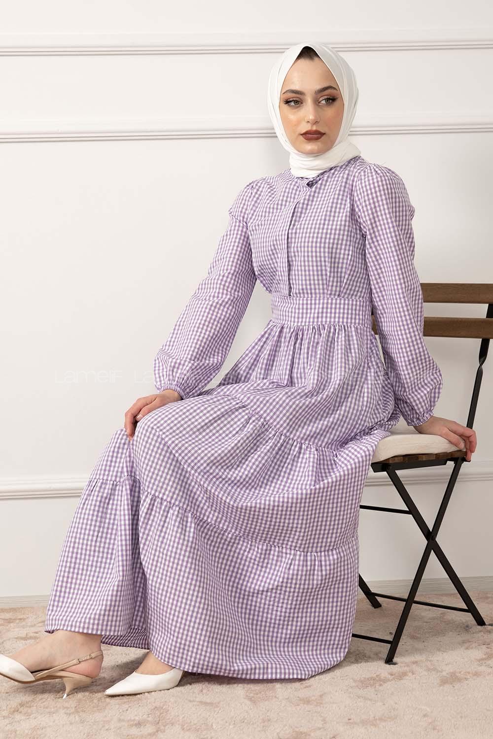 Modalamelif Hakim Yaka Pötikare Elbise Lila