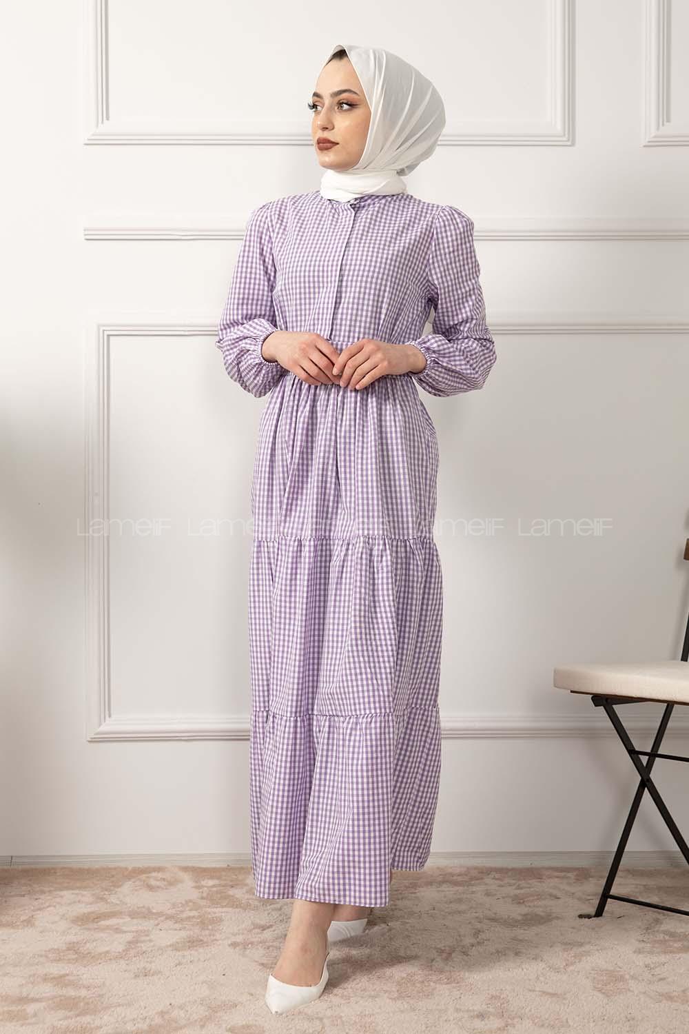 Modalamelif Hakim Yaka Pötikare Elbise Lila