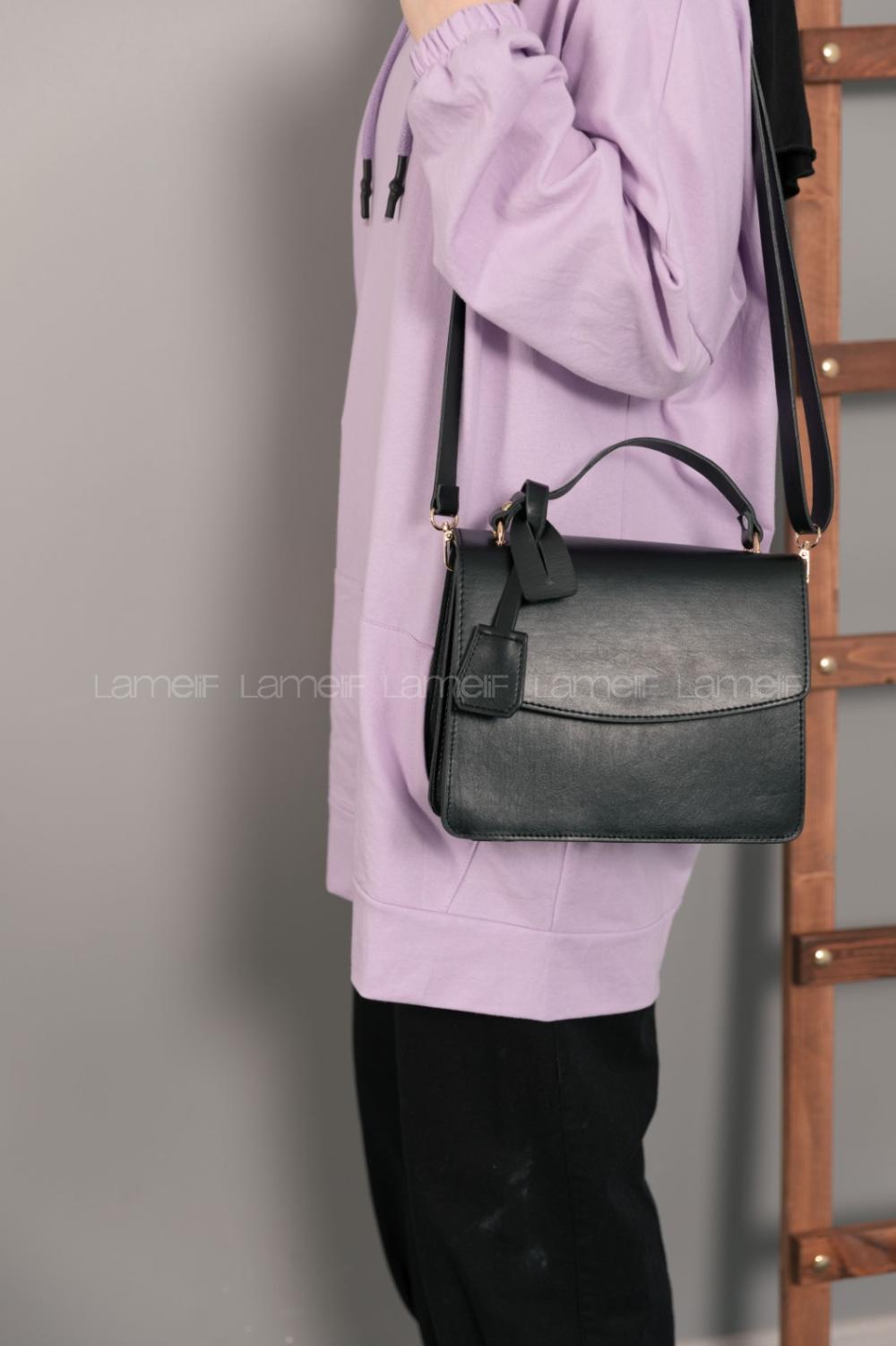 Modalamelif Kapak Kilitli Düz Deri Çanta Siyah