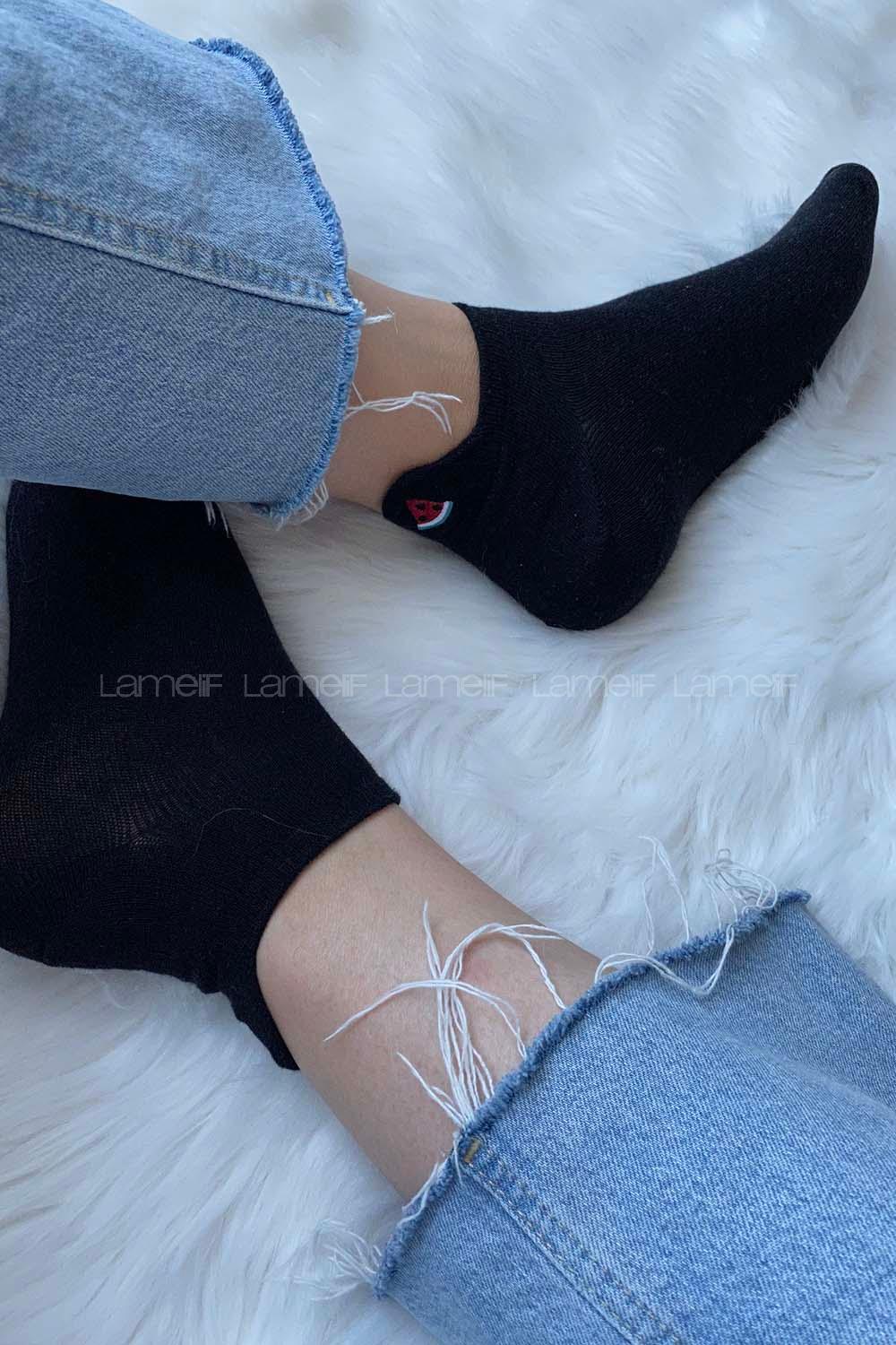 Modalamelif Karpuz İşlemeli Patik Çorap Siyah