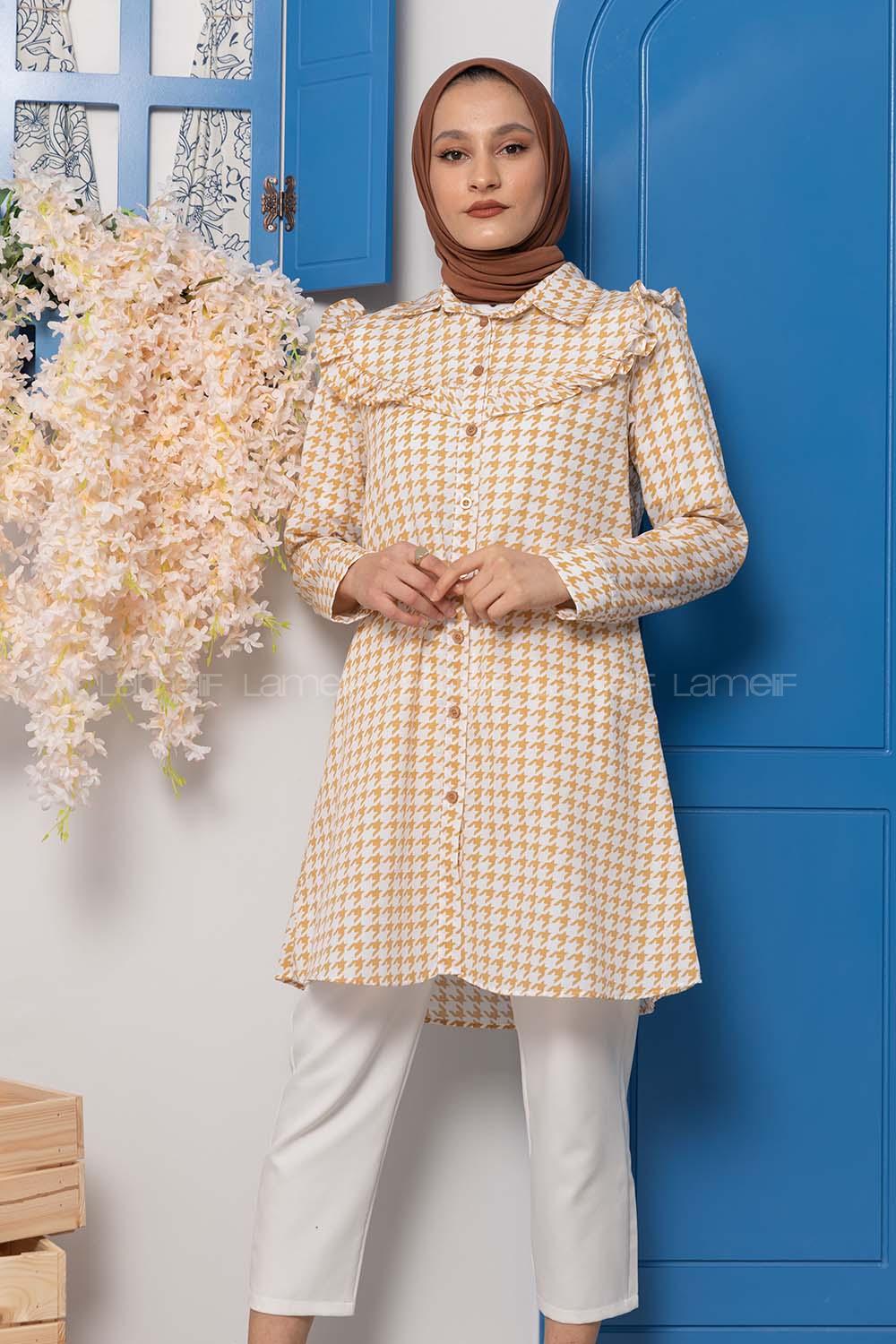 Modalamelif Kazayağı Desen Tunik Sütlü Kahve