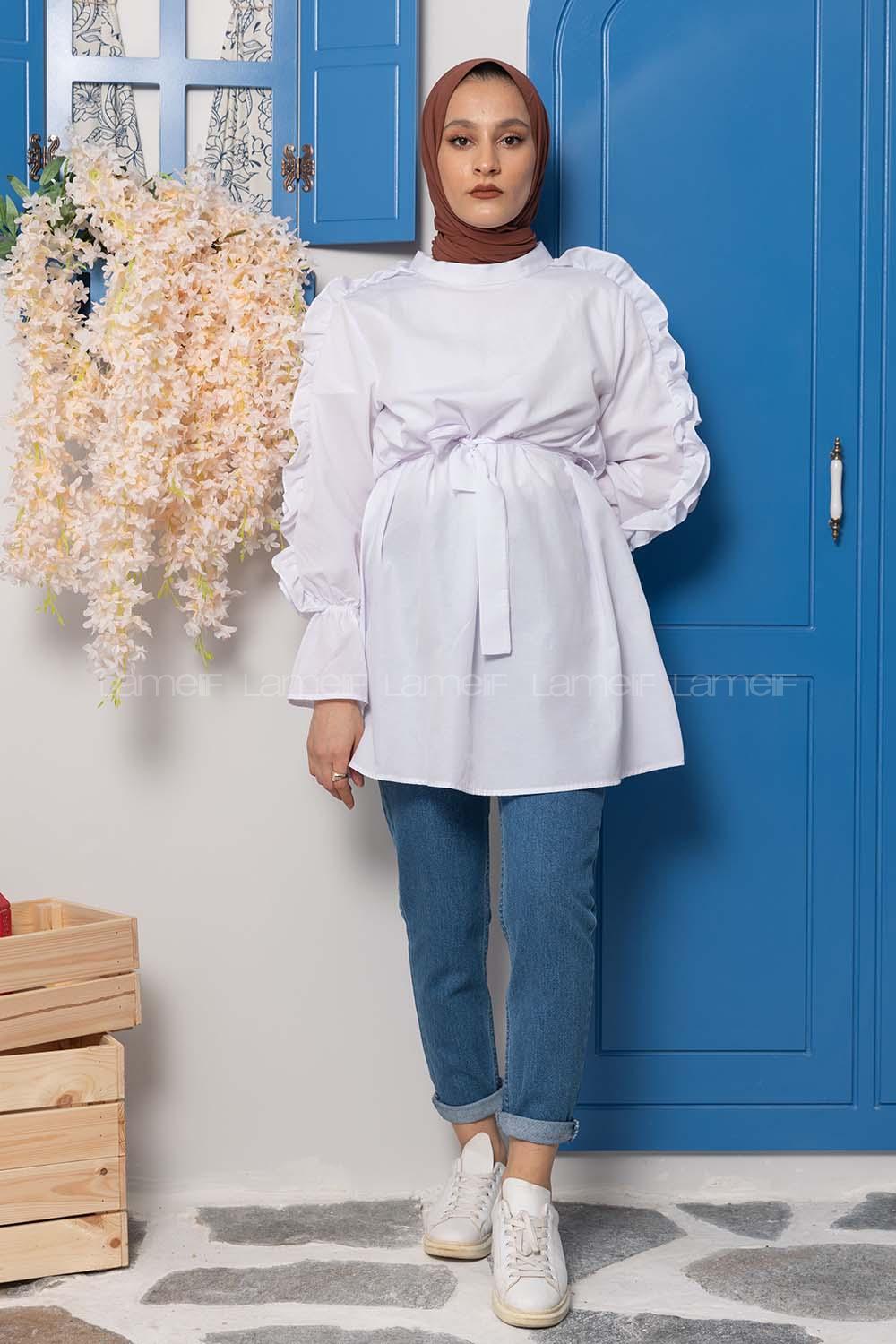 Modalamelif Kol Fırfırlı Kuşaklı Tunik Beyaz