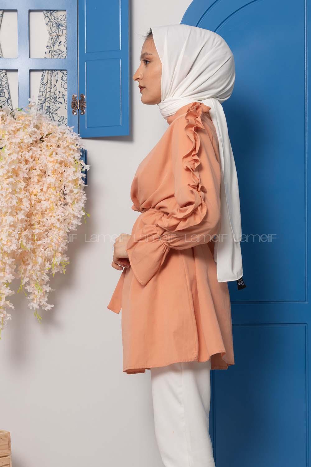 Modalamelif Kol Fırfırlı Kuşaklı Tunik Gül