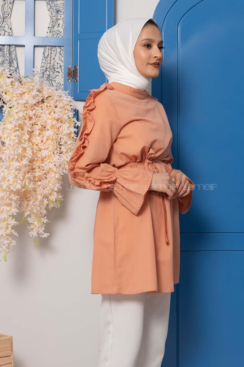 Modalamelif Kol Fırfırlı Kuşaklı Tunik Gül