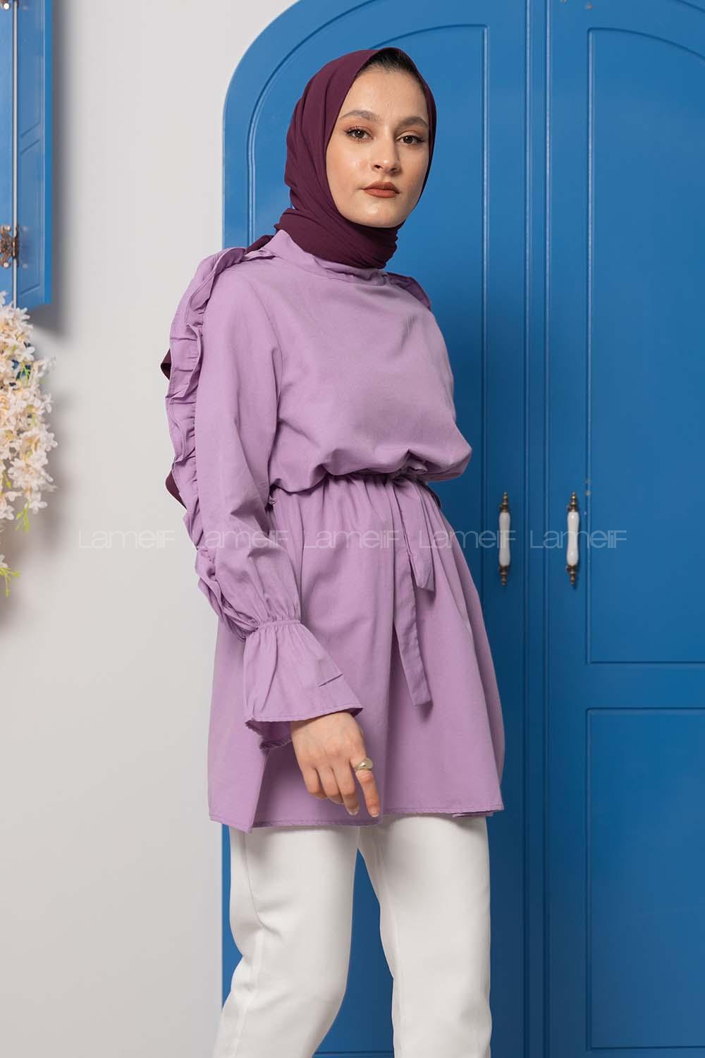 Modalamelif Kol Fırfırlı Kuşaklı Tunik Lila