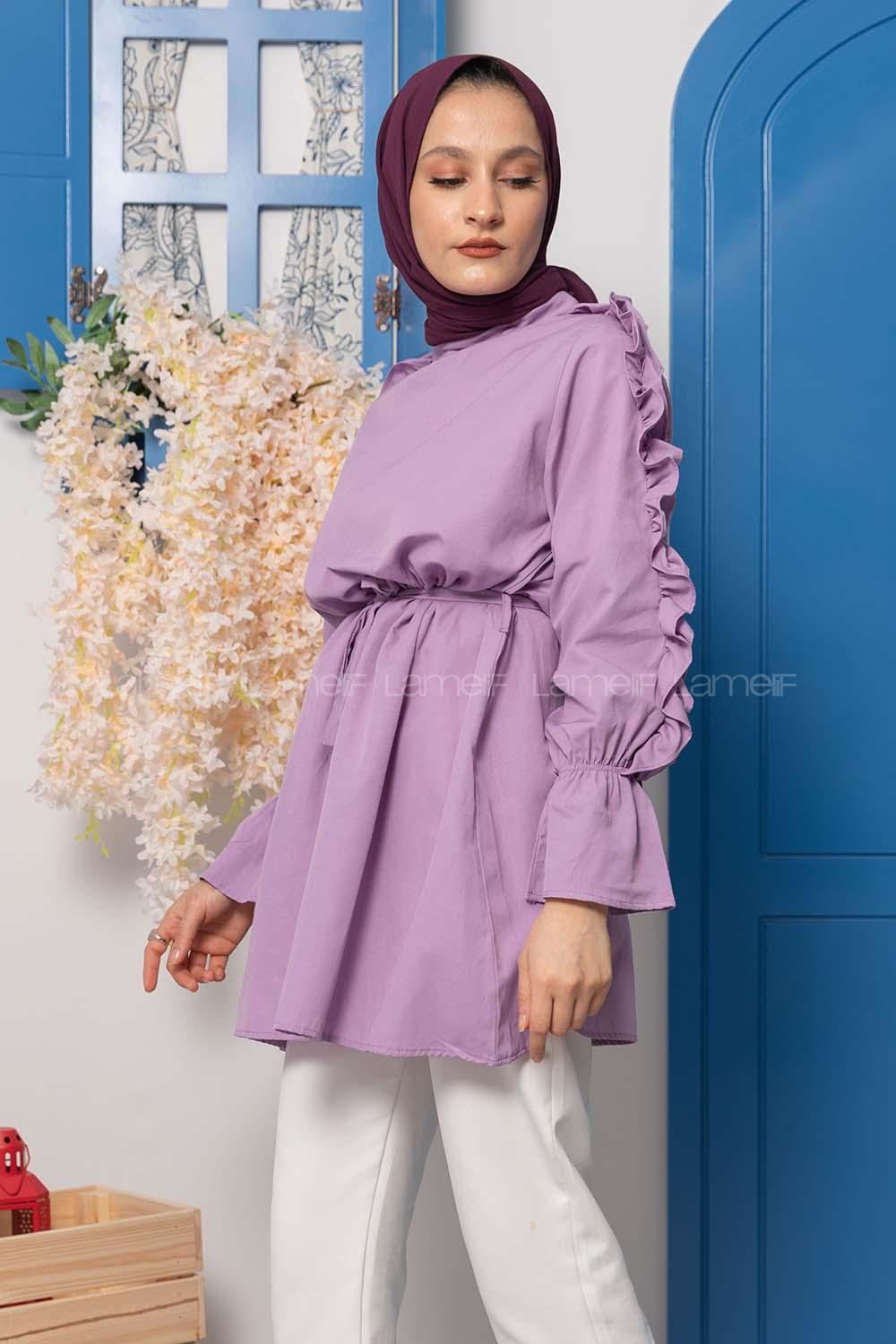 Modalamelif Kol Fırfırlı Kuşaklı Tunik Lila