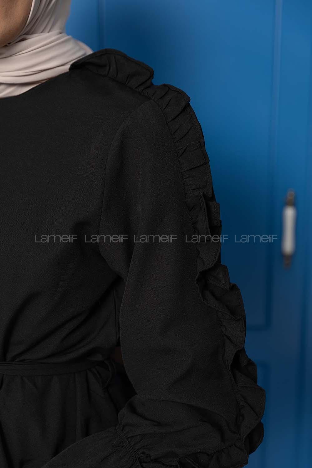 Modalamelif Kol Fırfırlı Kuşaklı Tunik Siyah