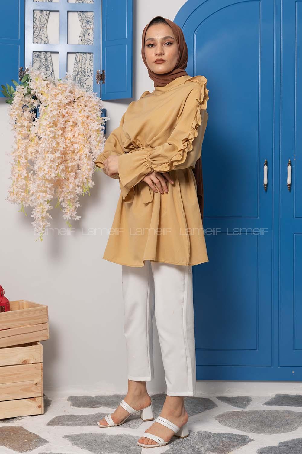 Modalamelif Kol Fırfırlı Kuşaklı Tunik Sütlü Kahve