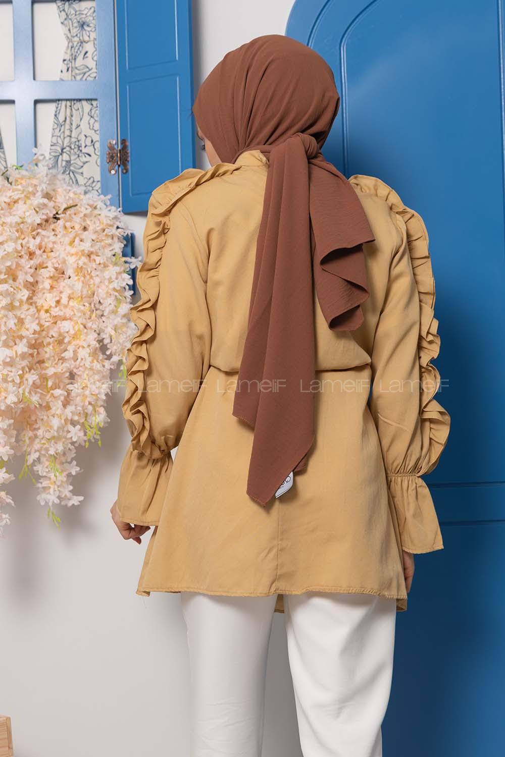 Modalamelif Kol Fırfırlı Kuşaklı Tunik Sütlü Kahve