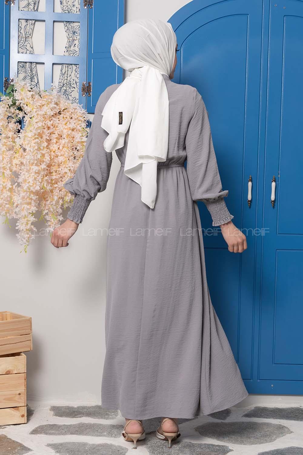 Modalamelif Kol Fırfırlı Yaka Bağlamalı Elbise Gri