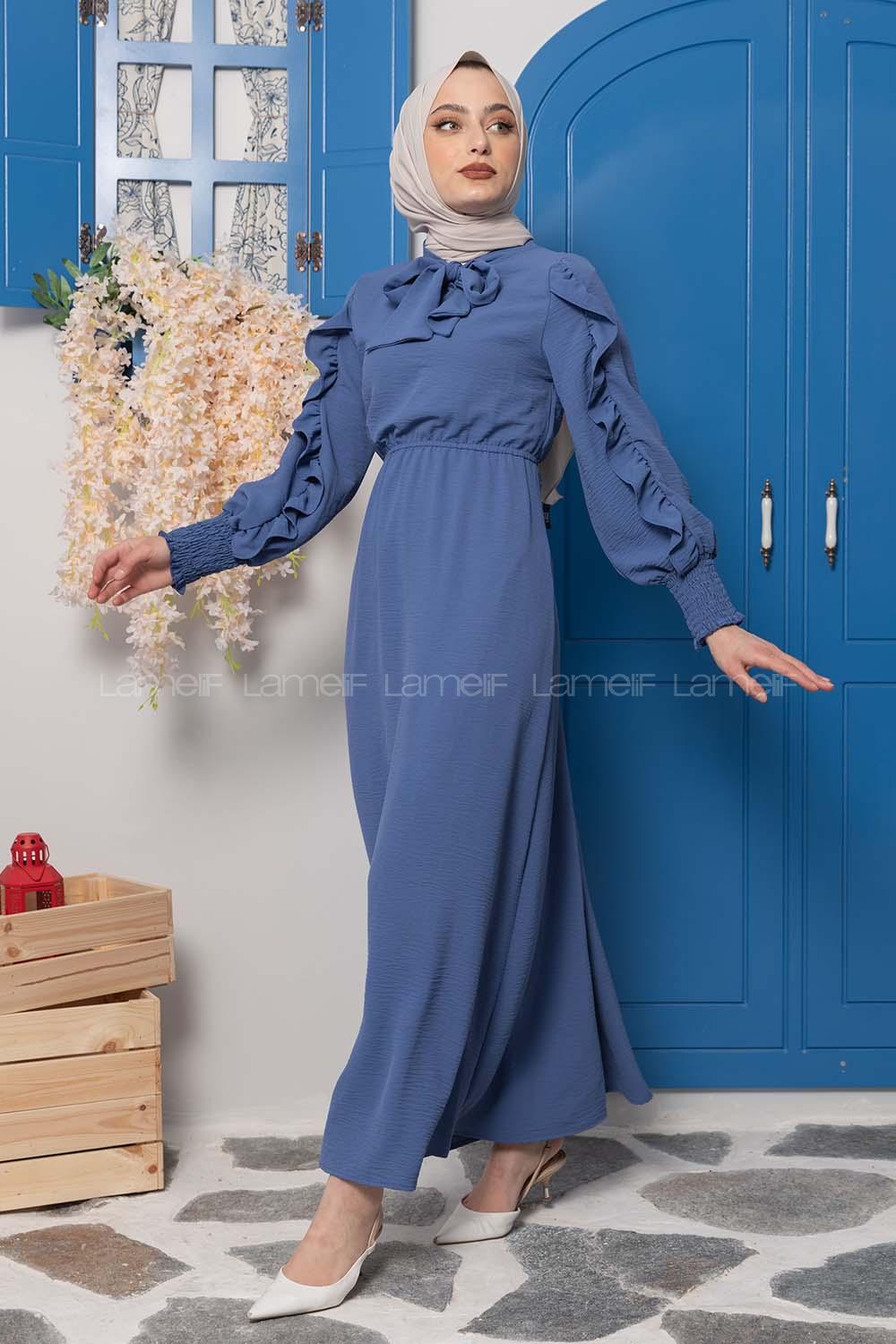 Modalamelif Kol Fırfırlı Yaka Bağlamalı Elbise İndigo