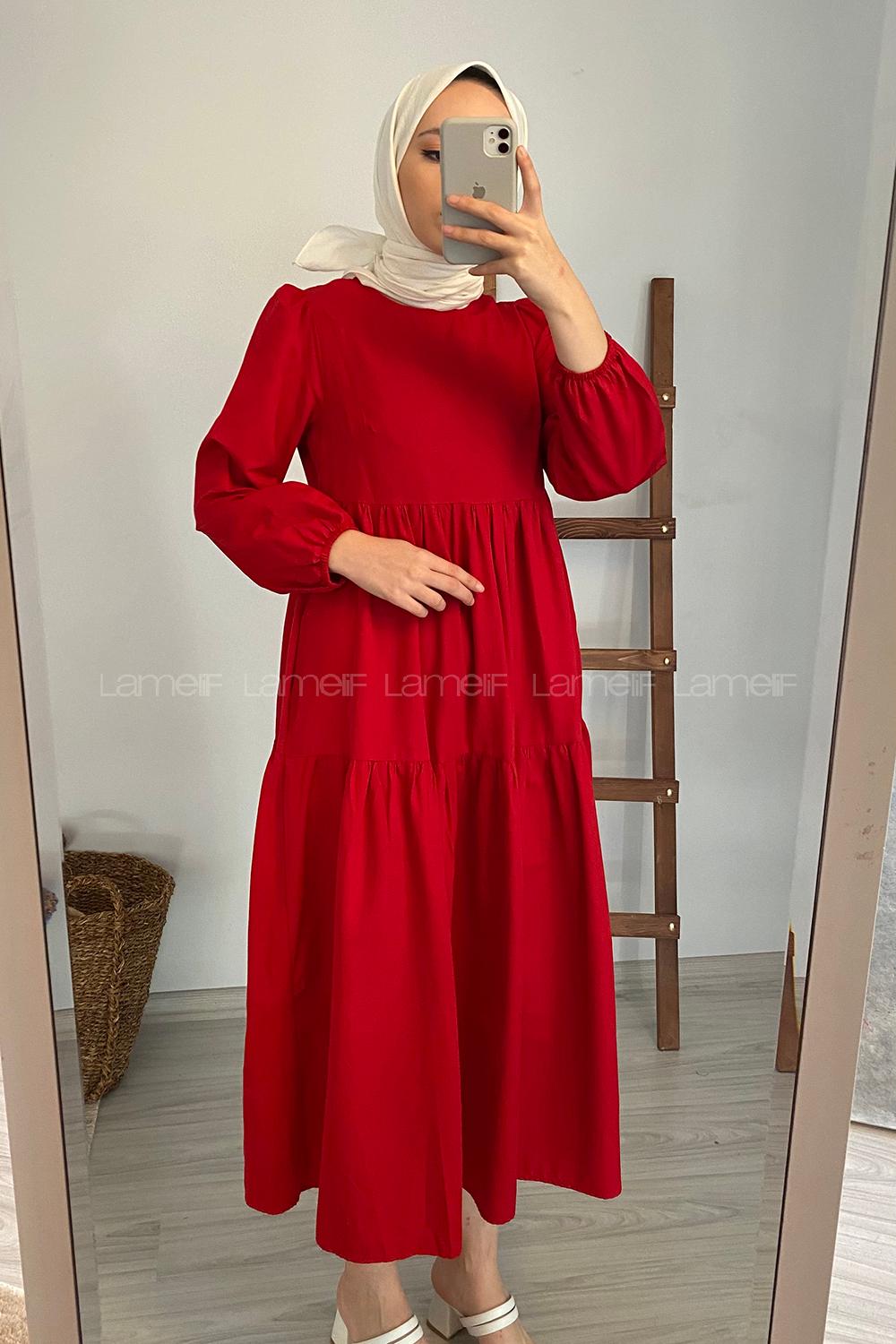 Modalamelif Kol Lastikli Fırfırlı Elbise Kırmızı