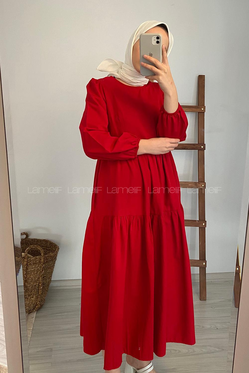 Modalamelif Kol Lastikli Fırfırlı Elbise Kırmızı