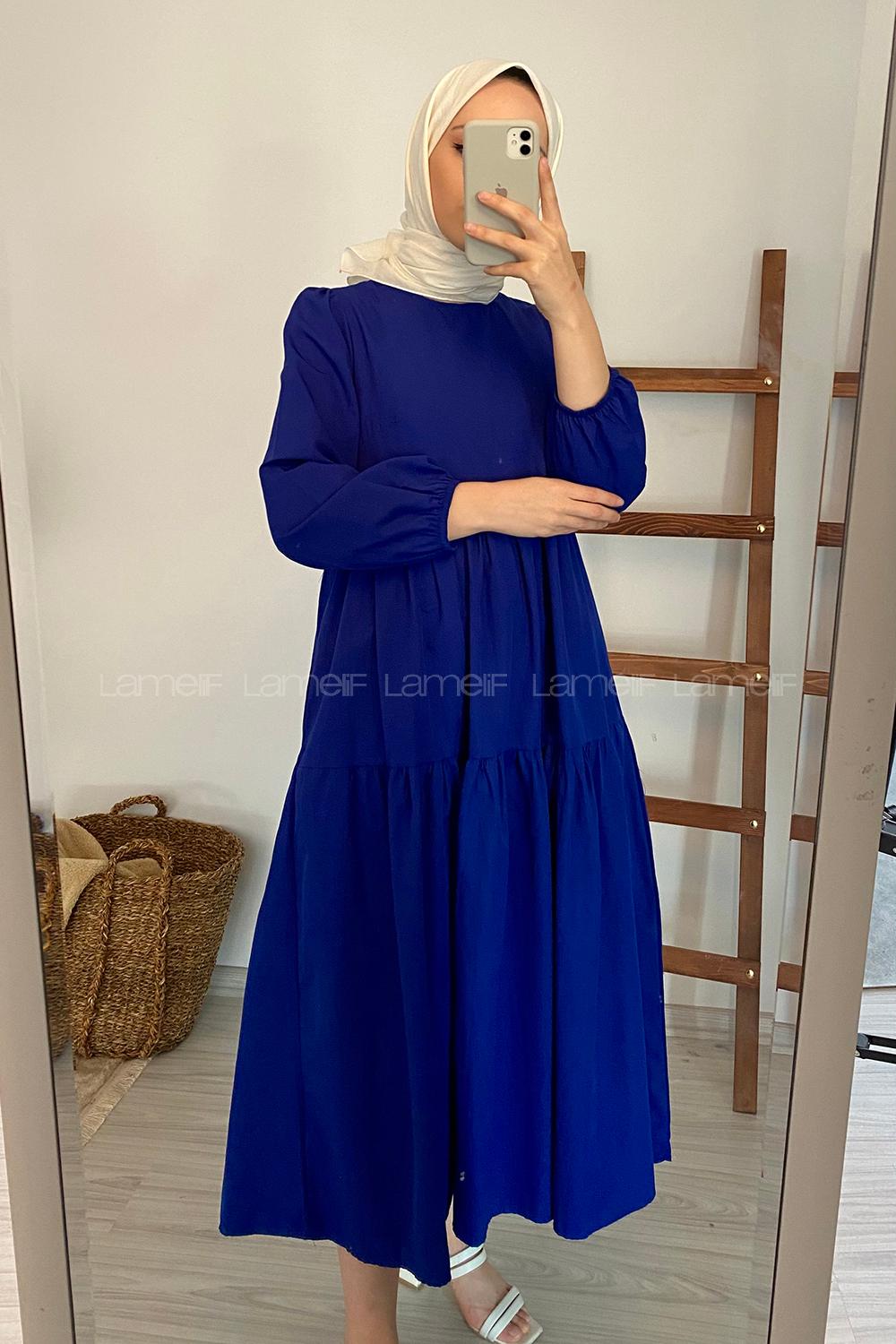 Modalamelif Kol Lastikli Fırfırlı Elbise Saks Mavisi