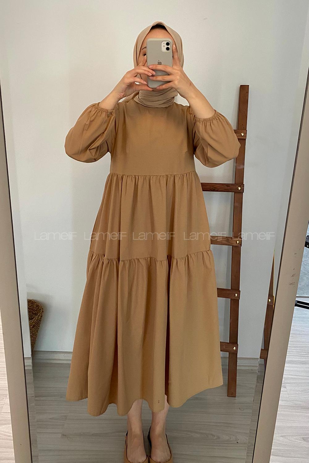 Modalamelif Kol Lastikli Fırfırlı Elbise Sütlü Kahve