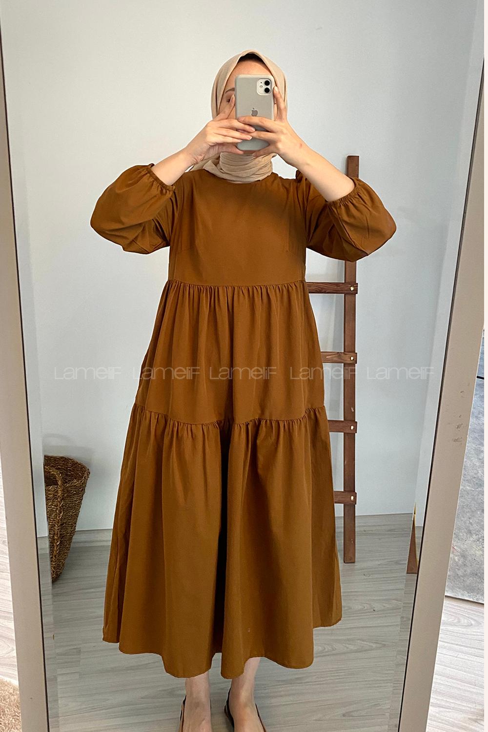 Modalamelif Kol Lastikli Fırfırlı Elbise Taba