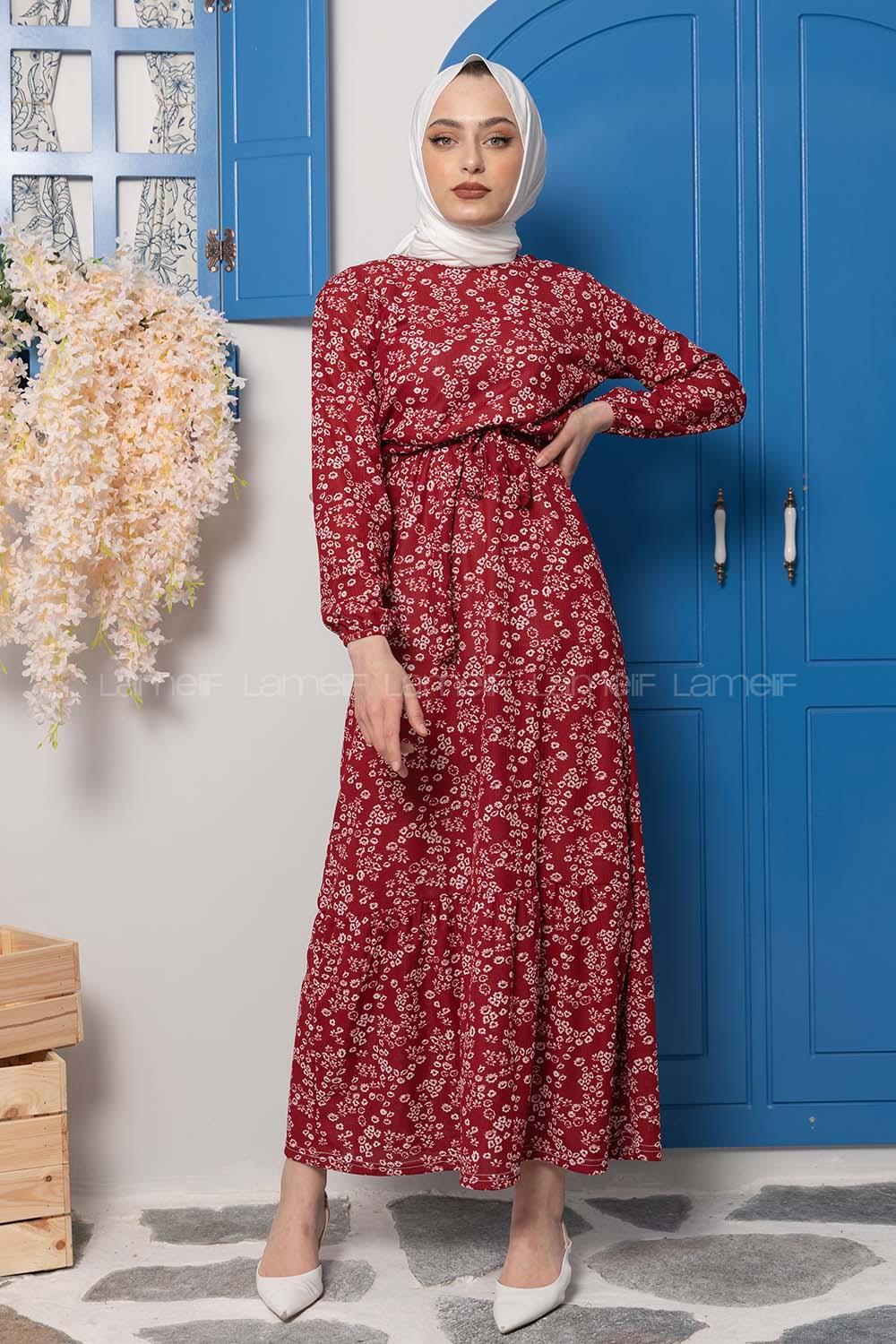 Modalamelif Kuşaklı Papatya Desen Elbise Bordo