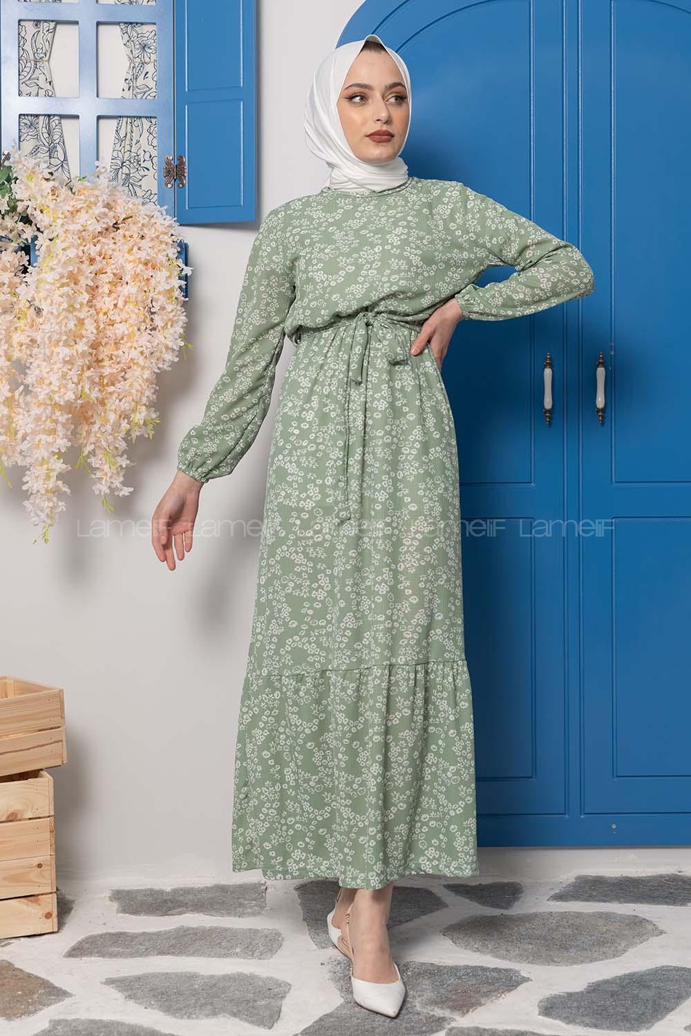 Modalamelif Kuşaklı Papatya Desen Elbise Çağla