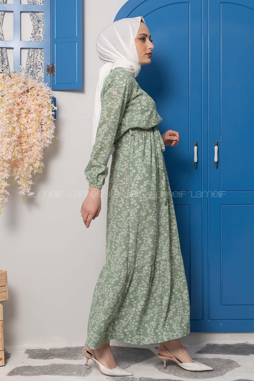 Modalamelif Kuşaklı Papatya Desen Elbise Çağla